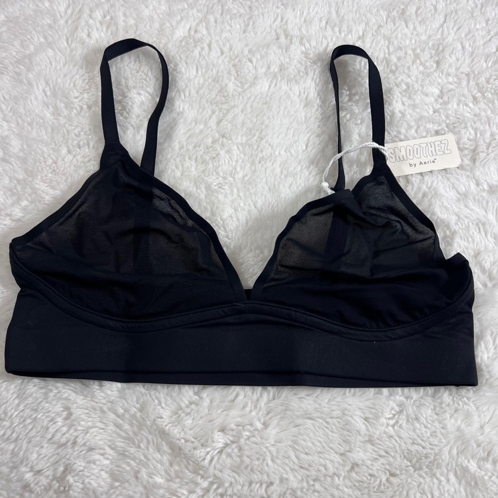 Aerie SMOOTHEZ Mesh Plunge Bralette Black Sheer Wireless Bra‎ Size Small NWT